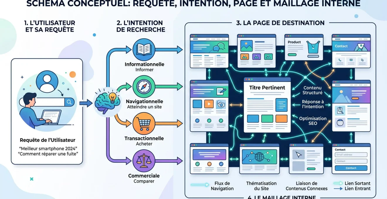 Schéma reliant requête intention contenu et maillage interne