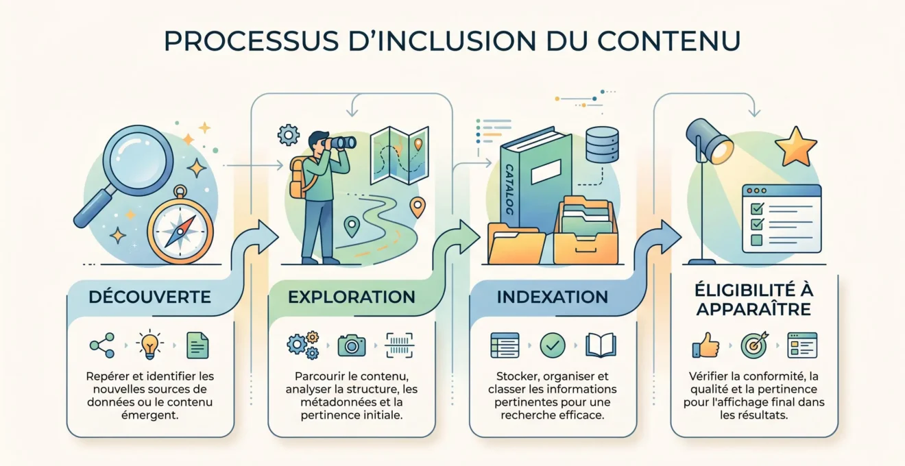 Schéma de la chaîne de découverte et d'indexation Google